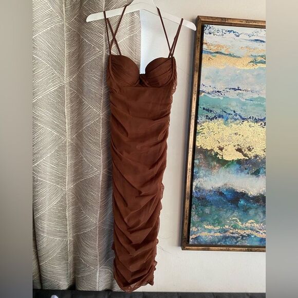 Oh Polly Batch A Brown Dress Size 0 Ruched Lined NEW - Picture 2 of 13